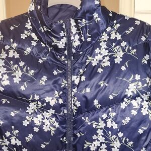 Lands' End Navy Floral Puffer Jacket